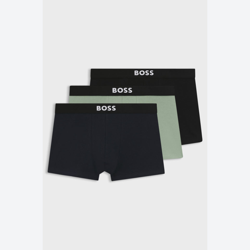 Boss Men's Sage Green /Black /Navy Stretch-Cotton Trunks With logo waistband Pack OF 3 Boxers