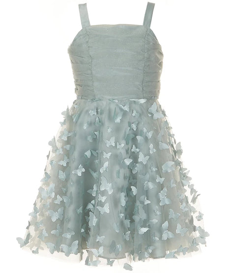 Rare Editions Girl's Mint Green Sleeveless Ruched 3D Butterfly-Appliqued Fit-And-Flare Dress| Rare Editions In Lebanon