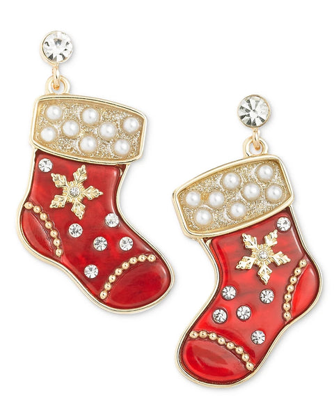 Red stocking-shaped earrings with gold accents and pearl details on a white background