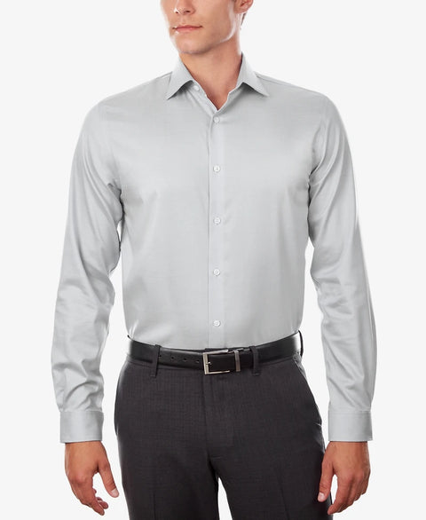 Calvin Klein Men's Light Grey Refined Cotton Slim-Fit Wrinkle Free Stretch Dress Shirt | Calvin Klein In Lebanon