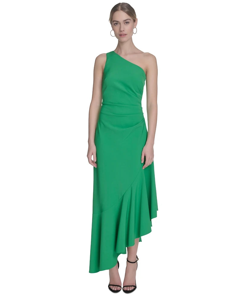 Green one-shoulder dress on a white background
