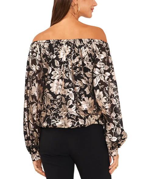 MSK Women's Floral Metallic-Chiffon Balloon-Sleeve Top  | MSK In Lebanon