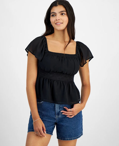 Celebrity Pink Women's Black Lace-Trim Flutter-Sleeve Top | Celebrity Pink In Lebanon