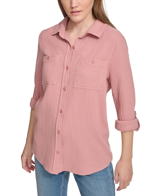 Calvin Klein Jeans Women's Rose Double-Crepe Button-Down Roll-Tab-Sleeve Shirt | Calvin Klein In Lebanon