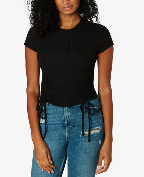 Just Polly Black Ribbed Side-Ruched Top | Just Polly In Lebanon