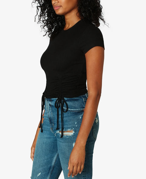 Just Polly Black Ribbed Side-Ruched Top | Just Polly In Lebanon