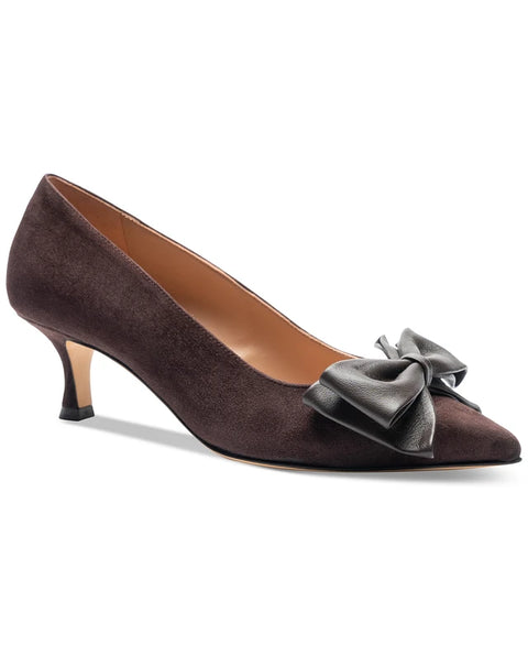 Brown suede high heel shoe with a gray bow on a white background