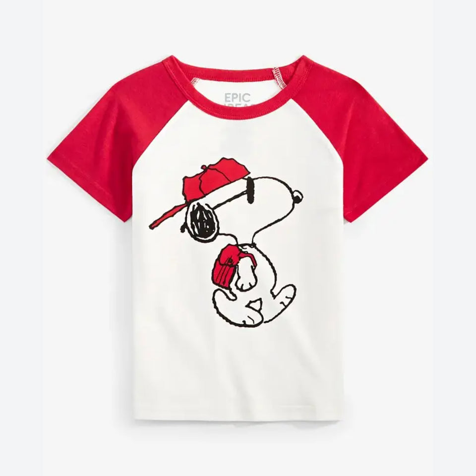 A kids' raglan t-shirt featuring a white body and red sleeves, with a graphic of Snoopy wearing a red cap and sunglasses holding a red gift box on the front. The brand name 'EPIC' is printed inside the collar.