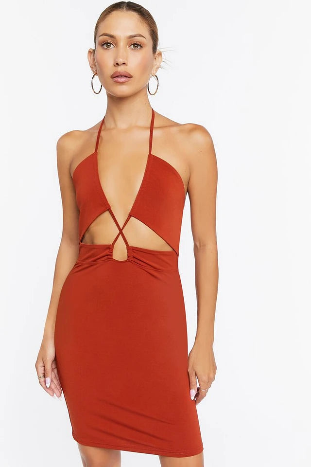 Forever 21 Women's Brick Halter Neck Cut Out Mini Dress | Forever 21 In Lebanon