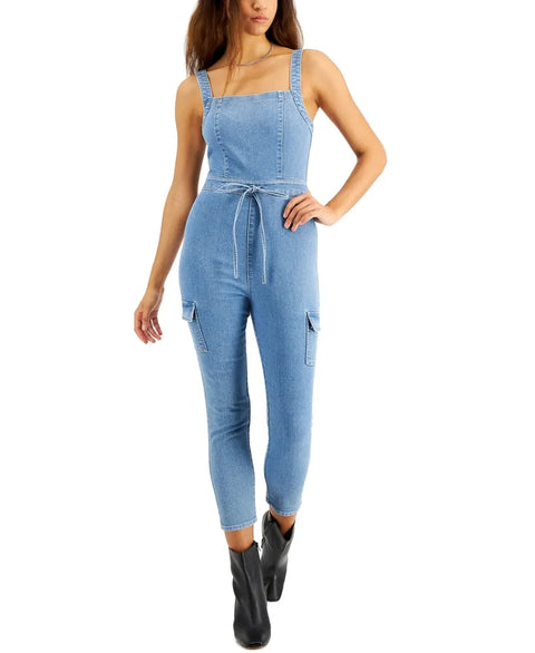 Tinseltown Women's Blue Belted Denim Jumpsuit  |Tinseltown  In Lebanon