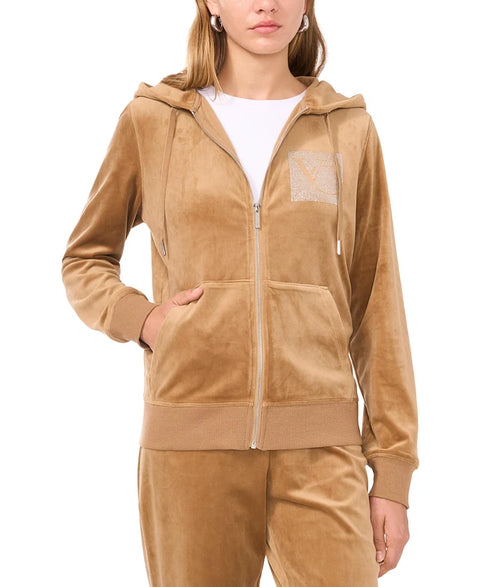 Vince Camuto Women's Camel Velour Rhinestone-Logo Hooded Jacket | Vince Camuto In Lebanon