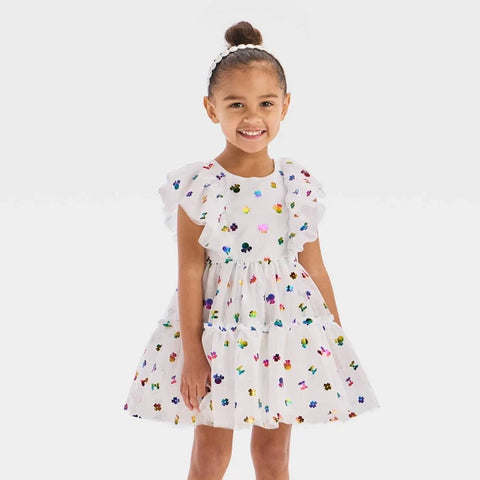 Disney  Girls' White Rainbow Foil Tulle Dress | Disney in Lebanon