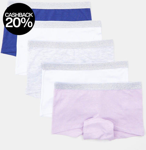 Set of three pairs of underwear with different colored waistbands on a white background