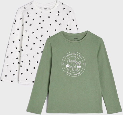 Two long-sleeve shirts, one with a dinosaur footprint pattern and the other with a green dinosaur graphic design, on a white background.