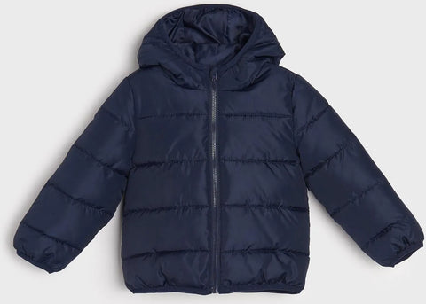 Navy blue puffer jacket on a light gray background