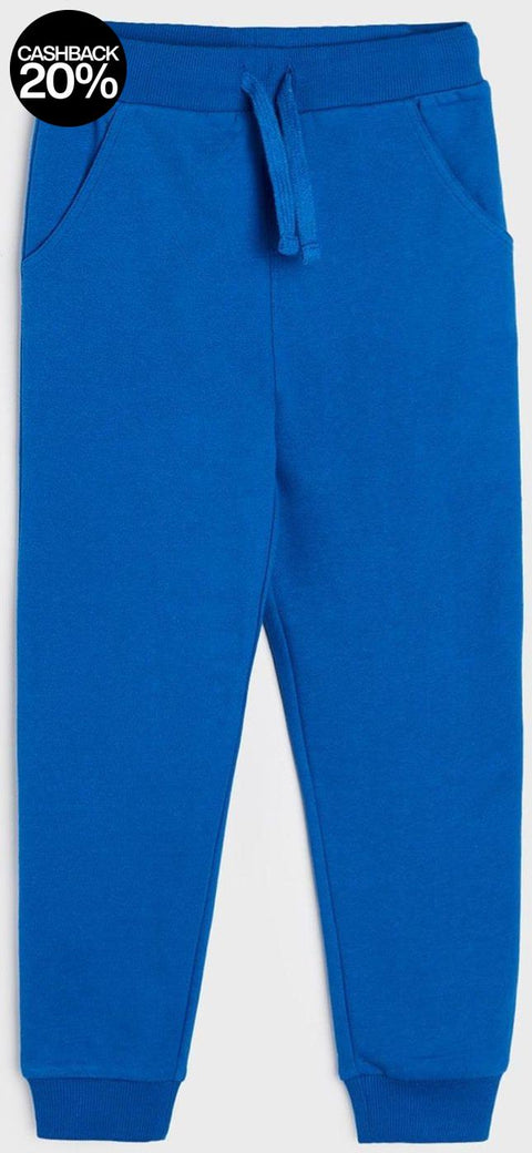 Blue jogger pants with a cashback 20% label on a white background