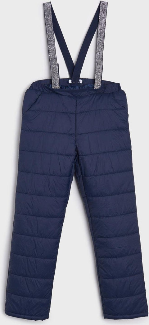Navy blue puffer pants with suspenders on a white background