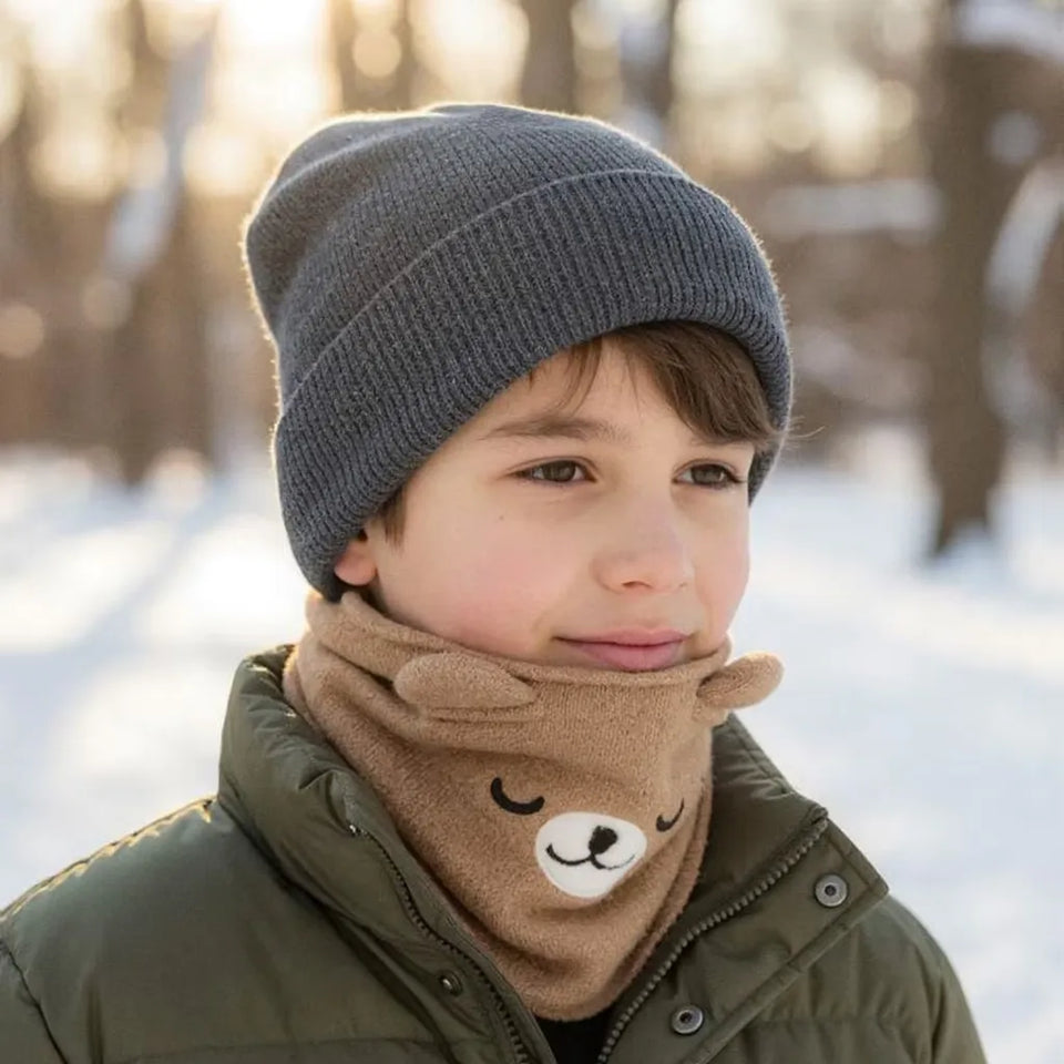 Sinsay Boy's Brown Embroidered Sleeping Bear Face Scarf