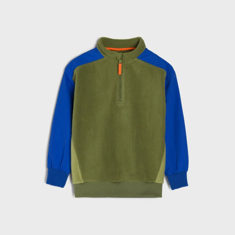 Sinsay Boy's Olive Green Blue Sleeve Half-Zip Sweatshirt