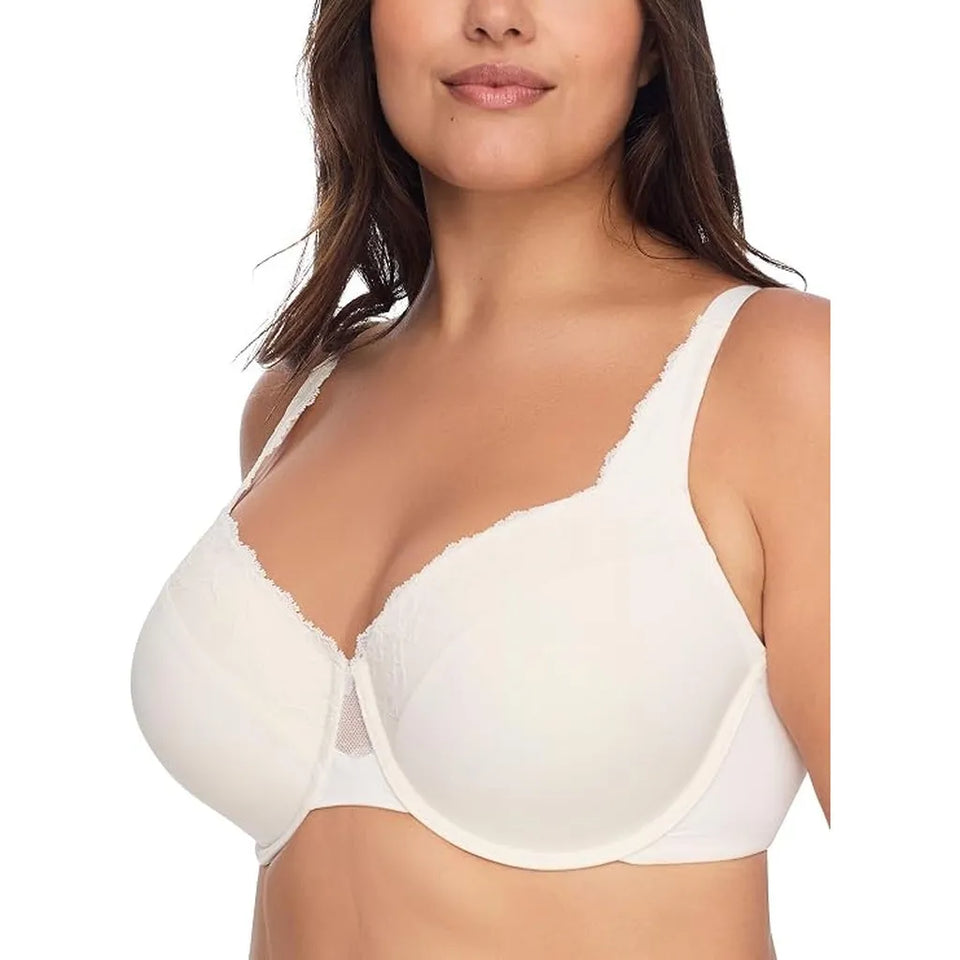 A close-up of a woman wearing a white wireless bra with lace trim and wide shoulder straps, shown against a plain white background.
