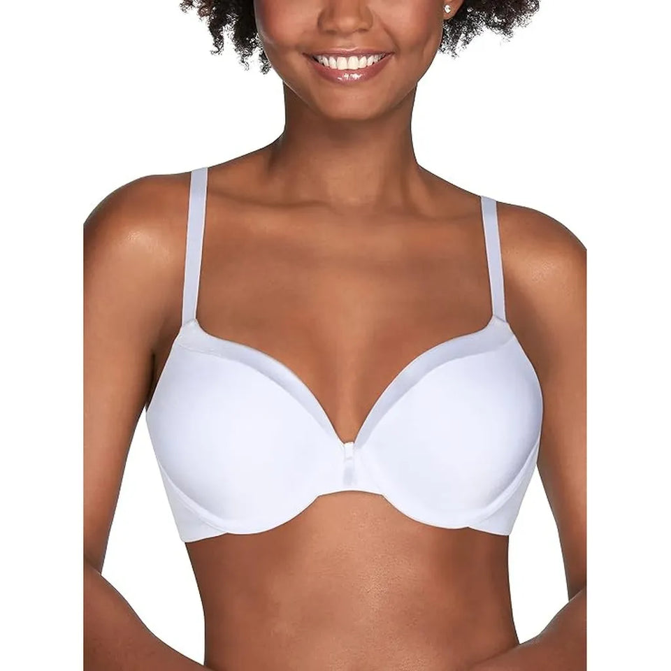 A woman wearing a white wireless underwire bra against a plain white background.