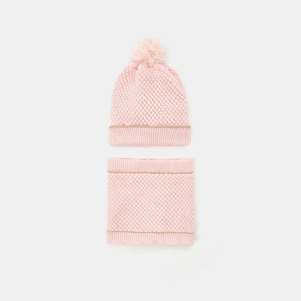 Sinsay Girl's Pink Beanie & Scarf Bobble Style Knit Winter Accessory Set