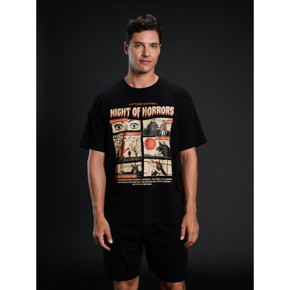 Sinsay Men's Black "Night of Horrors" Graphic T-Shirt and Shorts Pajama Set