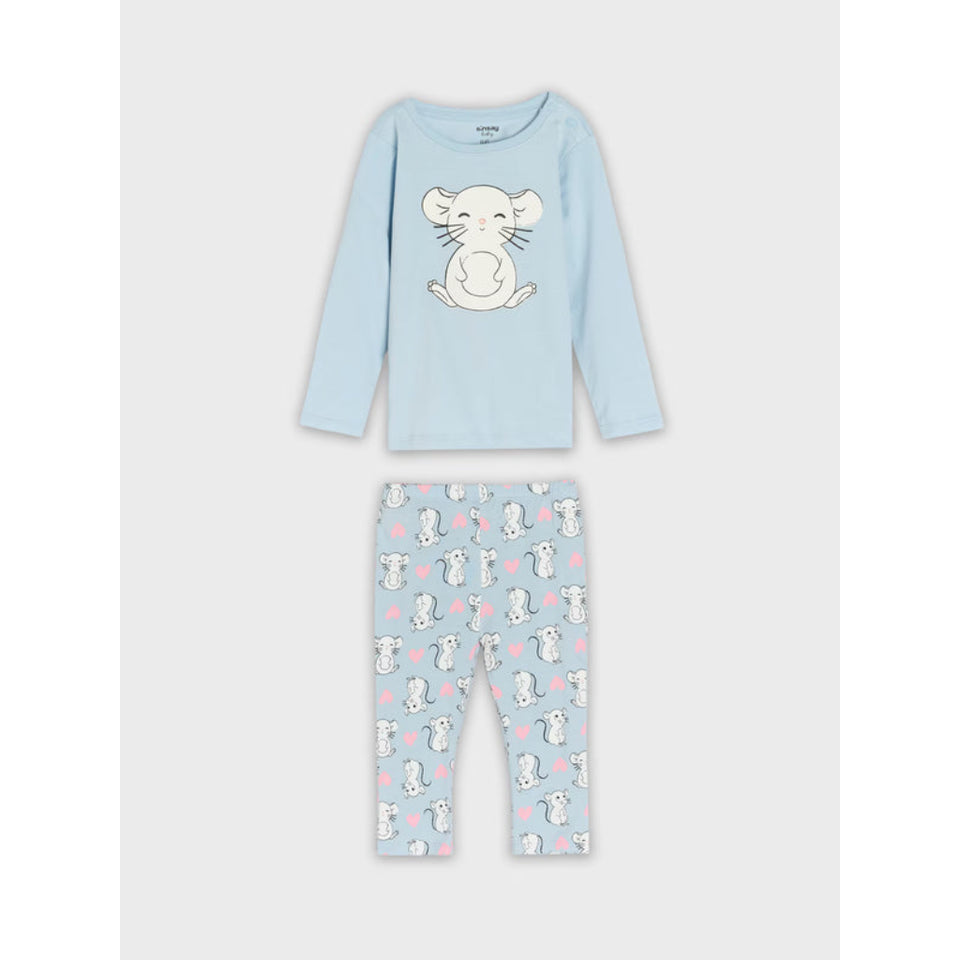 A two-piece children's pajama set featuring a light blue long-sleeve top with a white cartoon mouse graphic on the chest, and matching light blue pants with an all-over mouse print, pink hearts, and small blue stars.