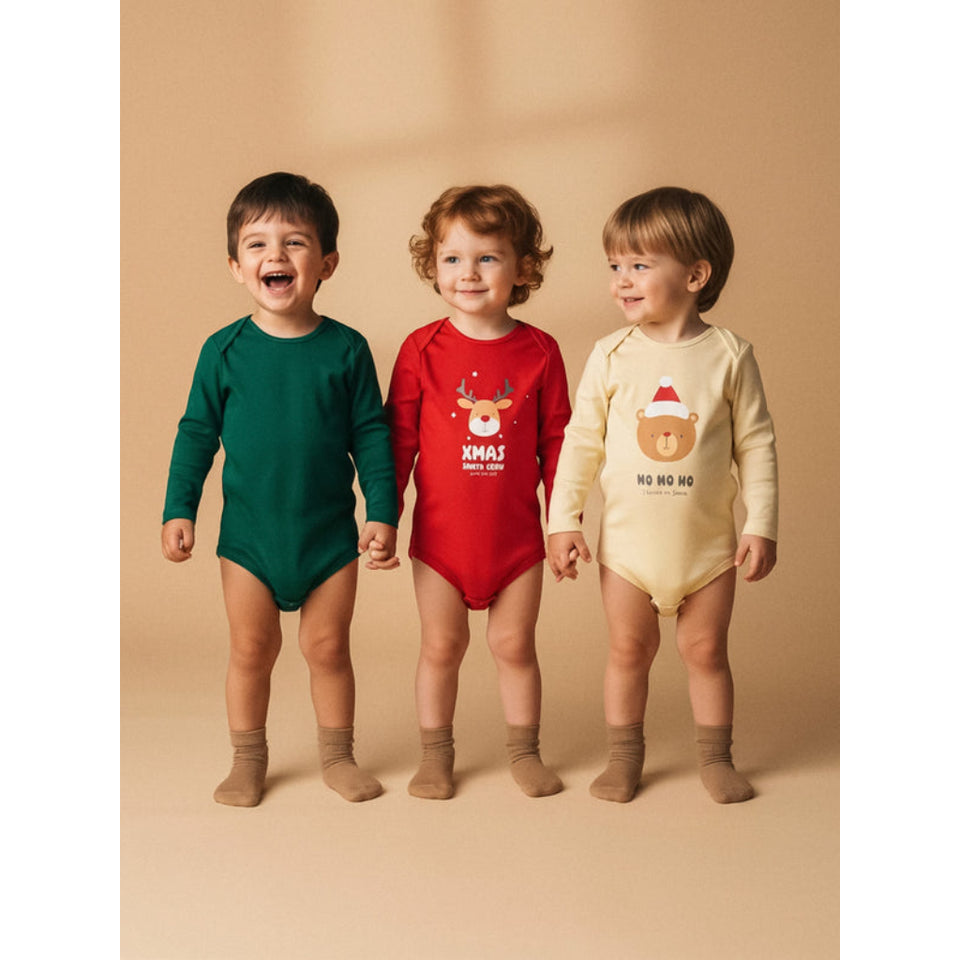 Sinsay Baby Boy's Green, Red, and Cream Long-Sleeve Holiday Bear Graphic 3 Pack Bodysuit