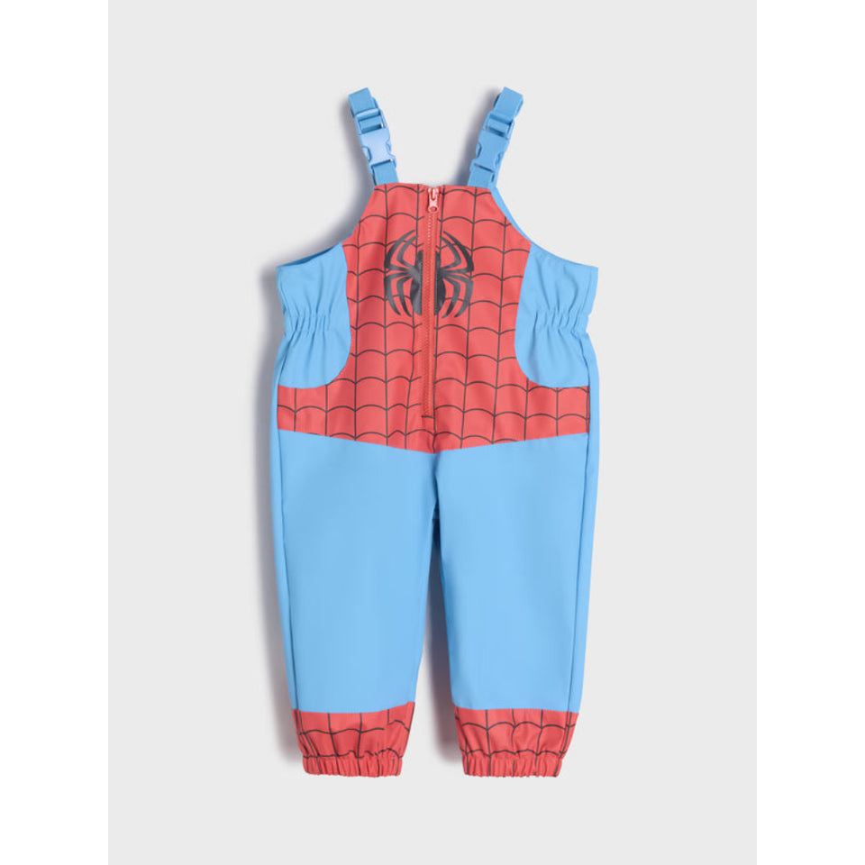 A baby or toddler Spider-Man themed one-piece jumpsuit with a red and black web pattern on the upper chest, shoulders, and cuffs, and solid light blue on the lower body and straps, featuring a black spider logo on the chest.