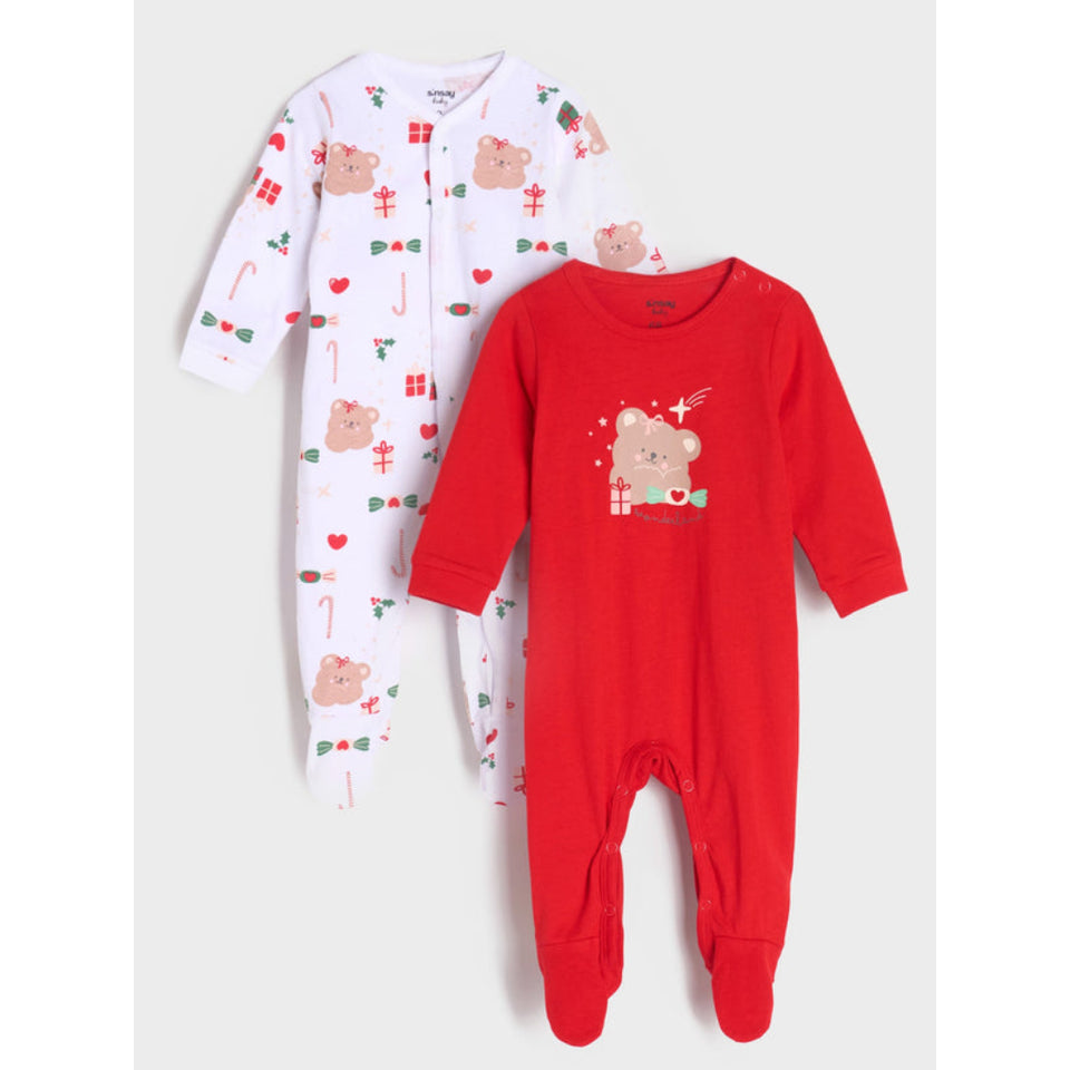 Sinsay Baby Boy's White And Red Holiday Bear Print Pack Of 2 Overall