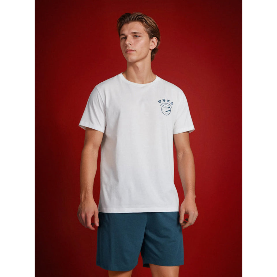 A young man modeling a white short-sleeve crewneck t-shirt with a small blue graphic on the left chest, paired with dark teal shorts, set against a solid dark red studio background.