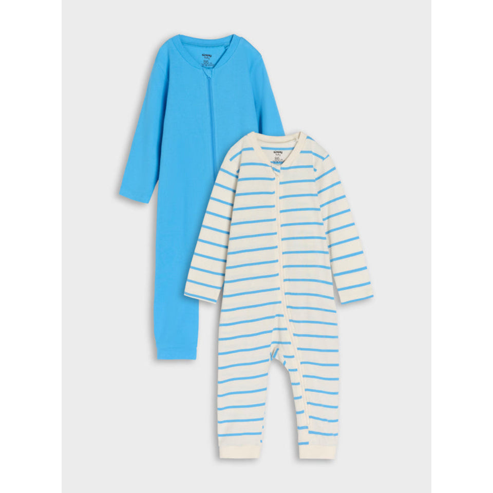 Two long-sleeve baby footless one-piece sleepers shown on a light gray background. The top sleeper is solid bright blue, and the bottom sleeper is cream with light blue horizontal stripes.
