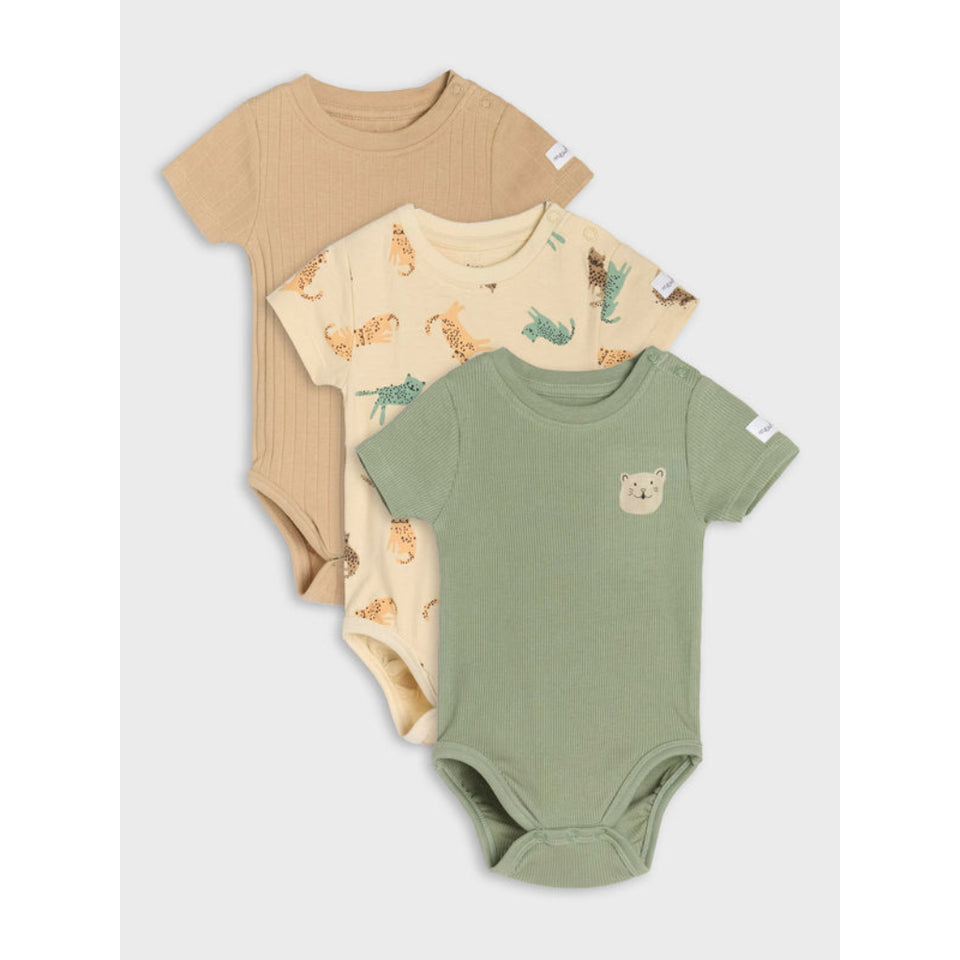 Three baby short-sleeve bodysuits arranged in a stack on a light gray background. The front bodysuit is sage green with a small bear face patch on the chest, the middle bodysuit is cream with a colorful animal print, and the back bodysuit is tan with a ribbed texture.