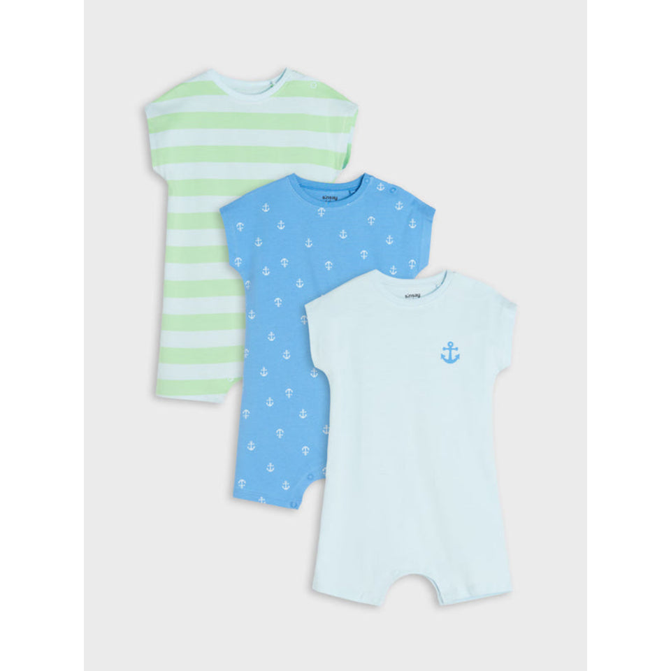 Three baby short-sleeve one-piece outfits arranged in a fan shape on a light gray background. The top outfit is light green and white striped, the middle is light blue with small white anchor prints, and the bottom is pale blue with a small blue anchor on the chest.