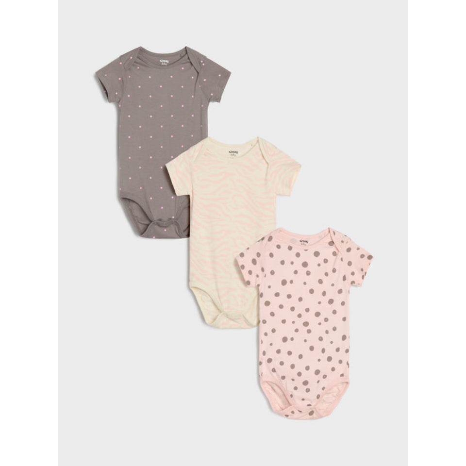 Three short-sleeve baby bodysuits arranged in a triangle on a light gray background. The set includes one dusty gray bodysuit with small white polka dots, one cream bodysuit with fine horizontal stripes, and one light pink bodysuit with medium brown polka dots.