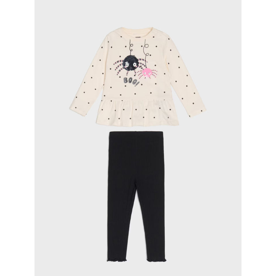 A two-piece children's outfit set featuring a cream long-sleeve top with black polka dots, a spider graphic, and the word 'BOO' on the front, paired with solid black leggings.