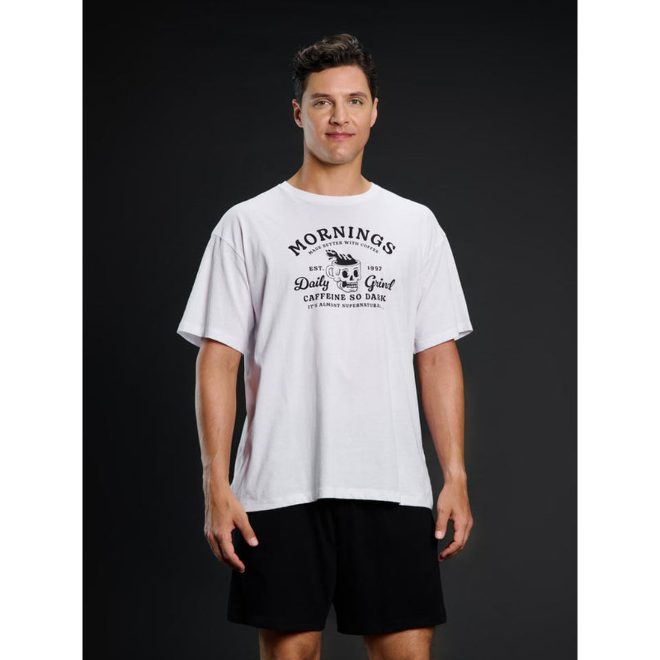 Sinsay Men's Black/White Short-Sleeve "Mornings Daily Grind" Graphic Print Set