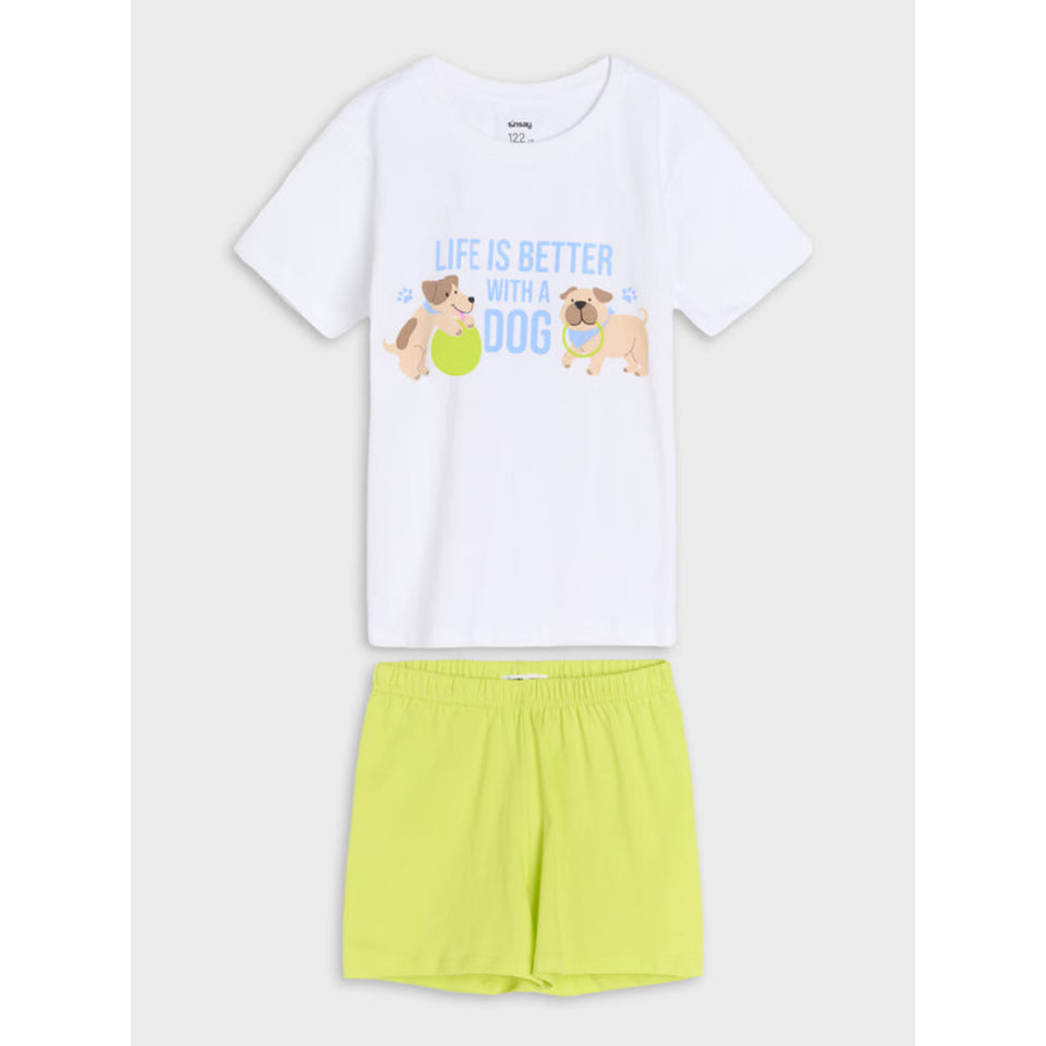 A two-piece kids' outfit set featuring a white short-sleeve t-shirt with a 'Life is Better with a Dog' graphic and matching neon yellow shorts, displayed on a light gray background.