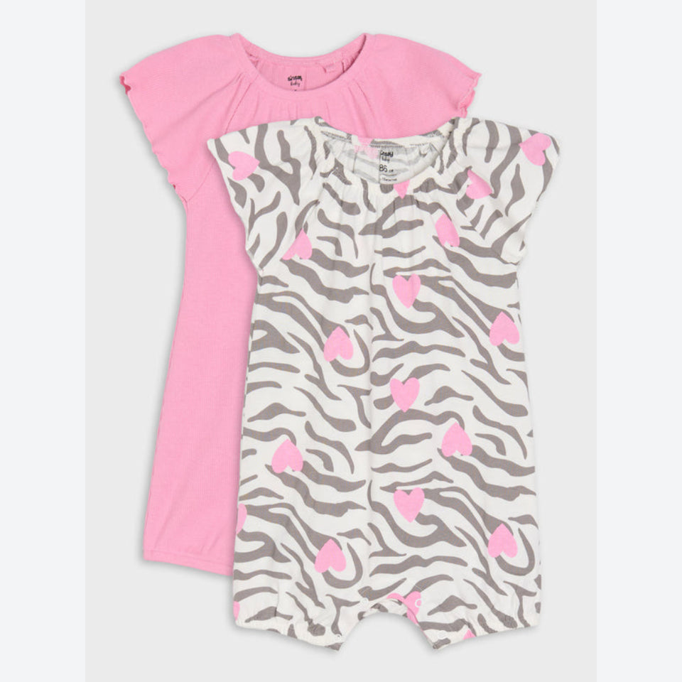 A baby girl's two-piece outfit set featuring a solid pink short-sleeve t-shirt and a white one-piece romper with a gray zebra print and pink hearts, displayed against a light gray background.