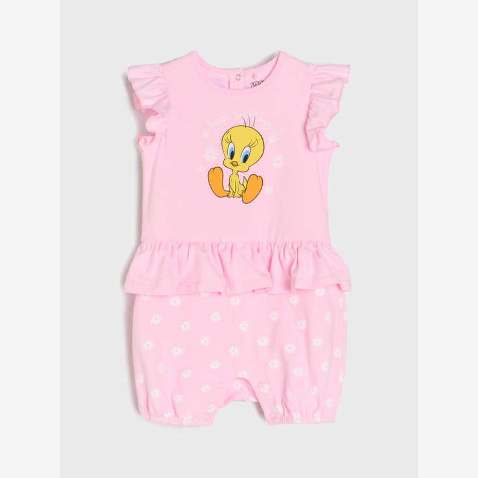 A pink two-piece baby outfit featuring a ruffle-sleeve top with a Tweety Bird graphic and matching ruffle-hem romper pants with white daisy patterns, shown flat on a light gray background.