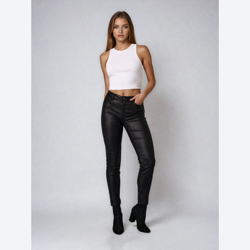 Sinsay Women's Black Faux-Crocodile Textured Skinny Pants