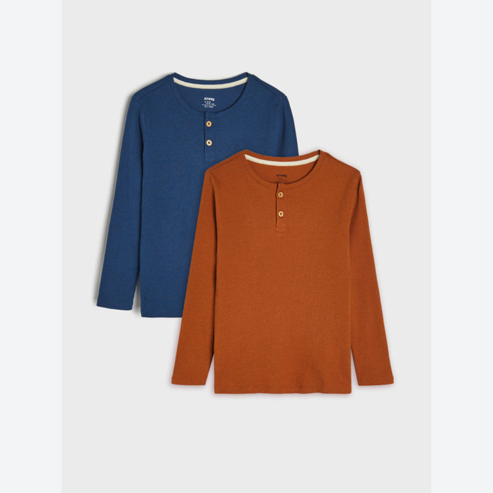 Two long-sleeve henley shirts shown flat against a light gray background, one in blue and one in rust orange.