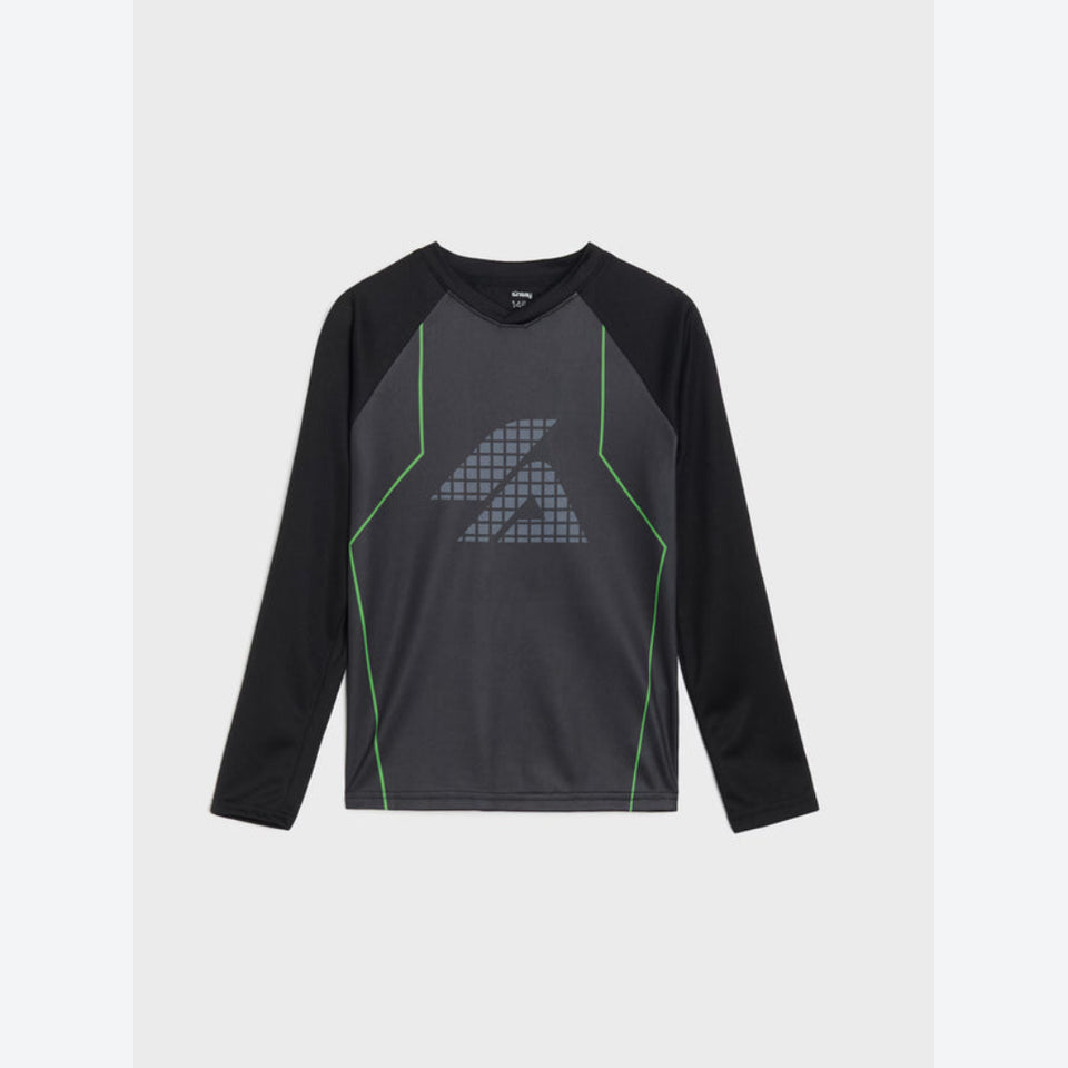 A long-sleeve athletic shirt in black and dark gray with bright green piping details and a geometric logo on the chest, displayed against a light gray background.