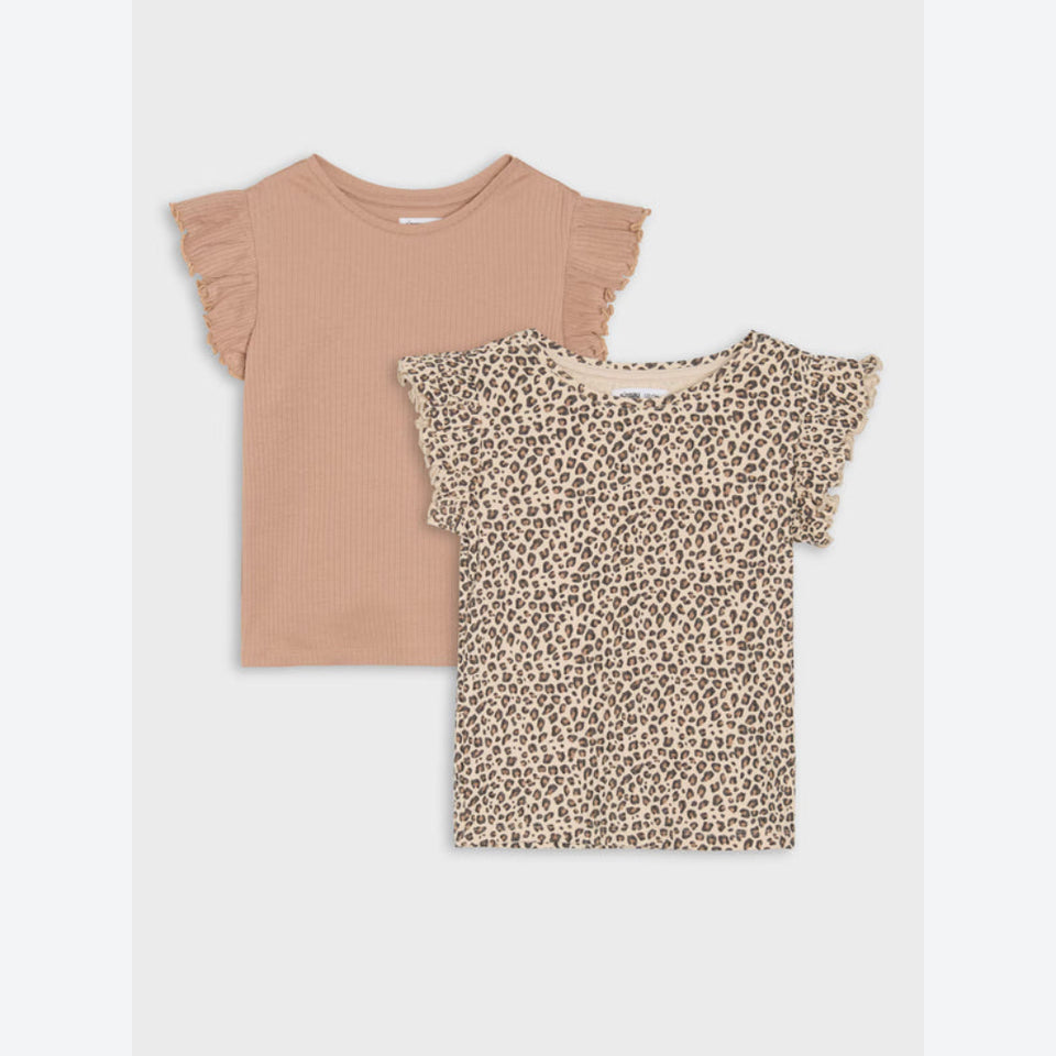 Two short-sleeve girls' tops with ruffled sleeves, shown as a set: one in solid dusty rose and one in beige leopard print.