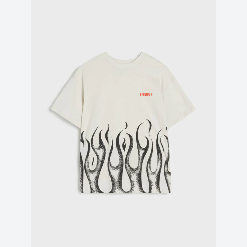 An off-white short-sleeve t-shirt with a black flame graphic across the bottom half and the word 'ENERGY' printed in orange on the left chest, displayed flat against a light gray background.