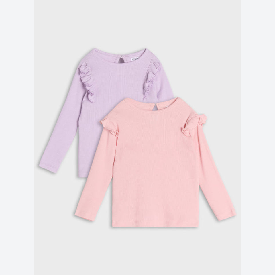 Two long-sleeve knit tops for girls, one in light lavender and one in light pink, both featuring ruffle details on the shoulders, displayed against a light gray background.
