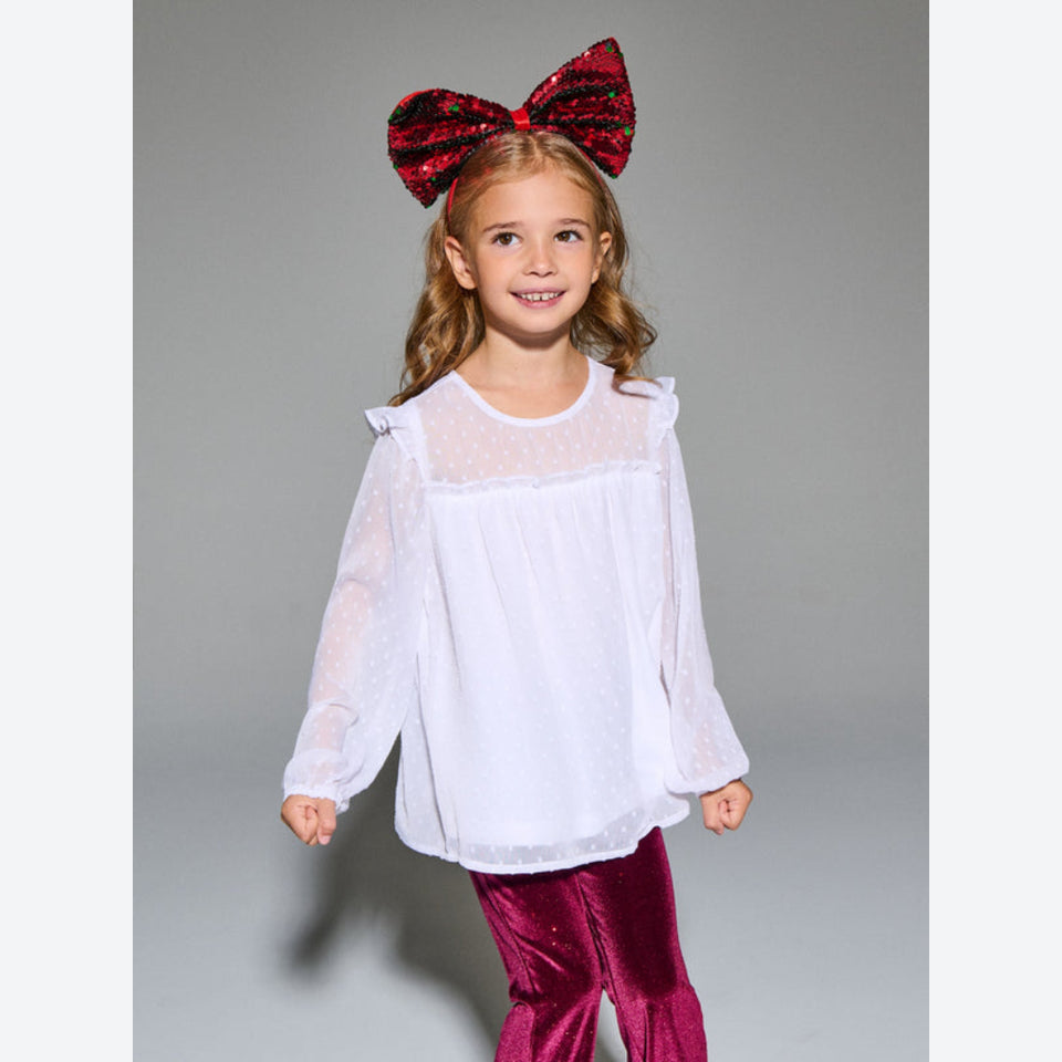 Sinsay Girl's White White Sheer Dotted With Ruffle Shoulder Trim Blouse