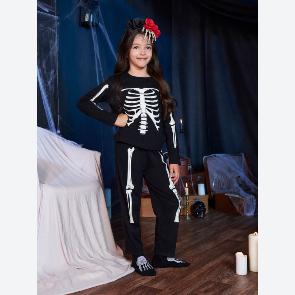 Sinsay Girl's Black With White Skeletal Bone Print Pajama Set