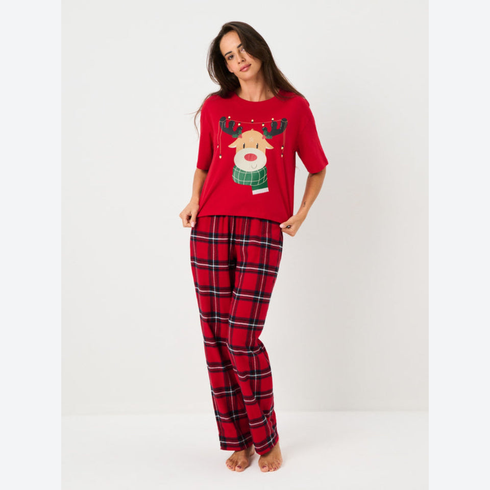 Sinsay Women's Red Reindeer Graphic T-Shirt and Plaid Flannel Pajama Set